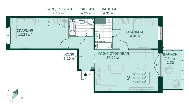 3-комнатная (Евро) квартира, 77.6 м² в ЖК "Magnifika Residence" - планировка, фото №1