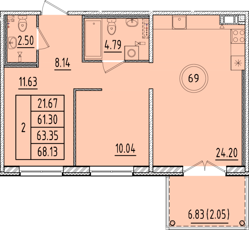 3-комнатная (Евро) квартира, 61.3 м² в ЖК "Образцовый квартал 17" - планировка, фото №1