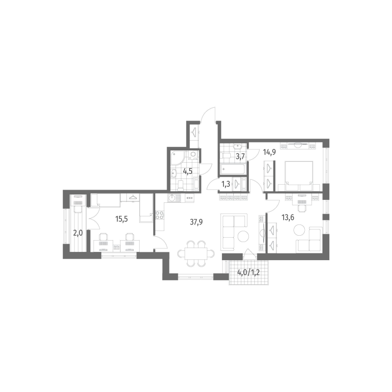 3-комнатная квартира, 94.6 м² в ЖК "NewПитер 2.0" - планировка, фото №1