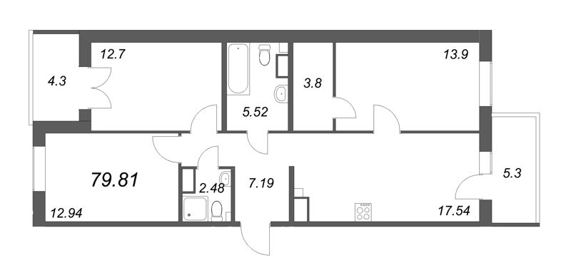 4-комнатная (Евро) квартира, 80.31 м² в ЖК "IQ Гатчина" - планировка, фото №1