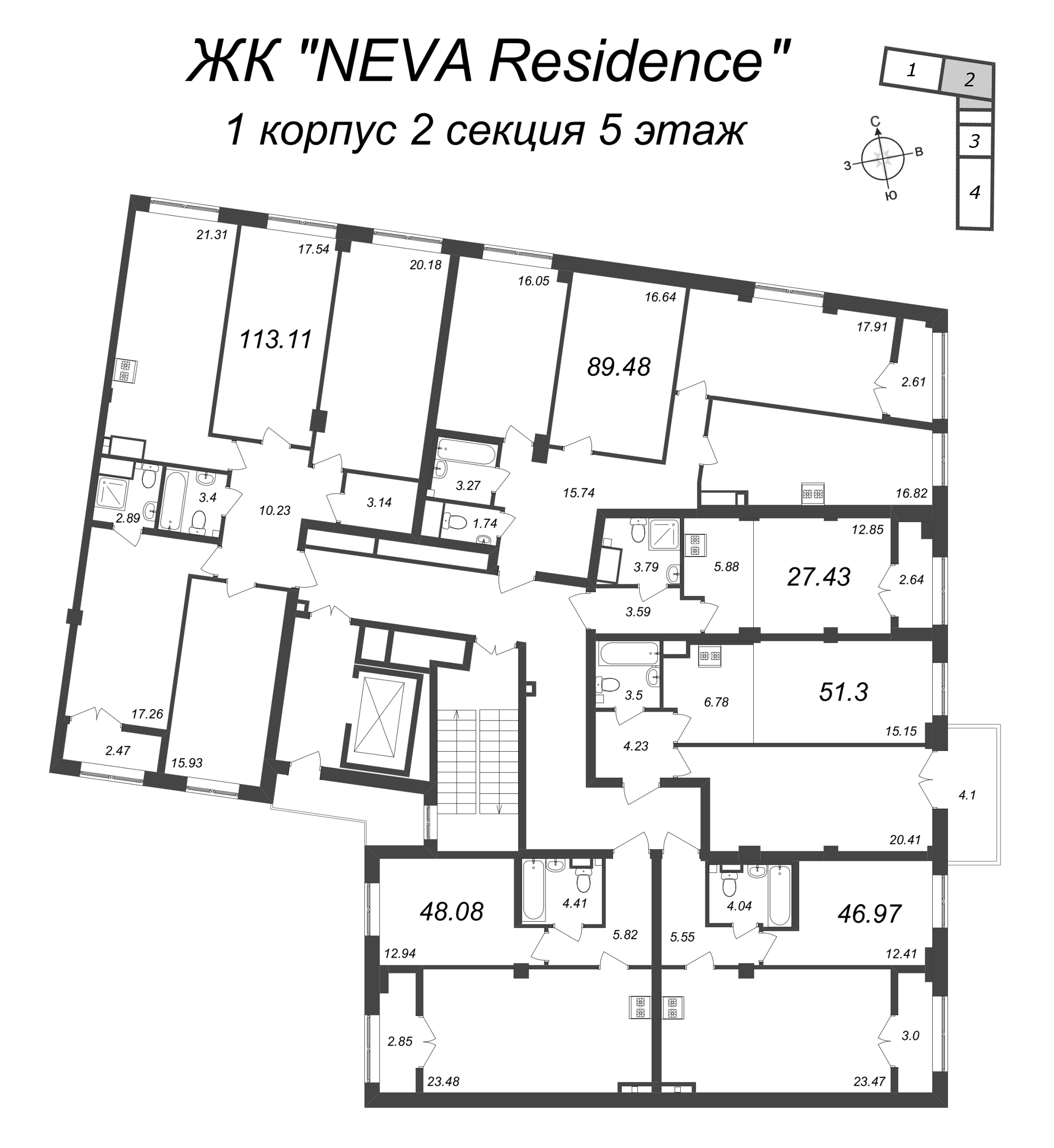 2-комнатная (Евро) квартира, 51.3 м² в ЖК "Neva Residence" - планировка этажа