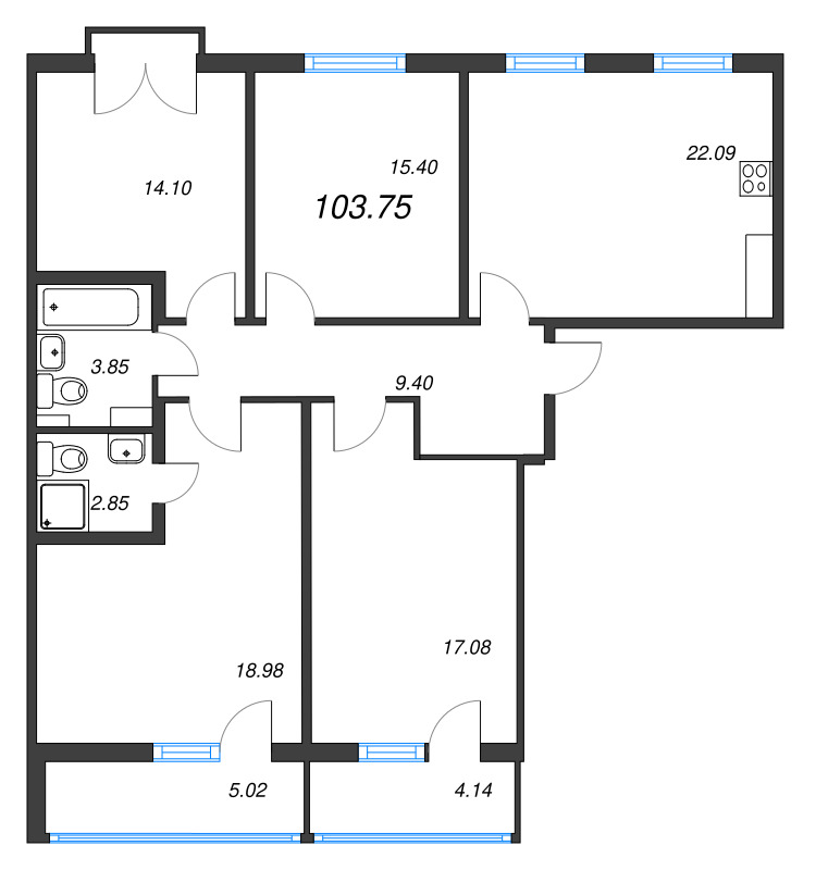 5-комнатная (Евро) квартира, 103.75 м² в ЖК "Любоград" - планировка, фото №1