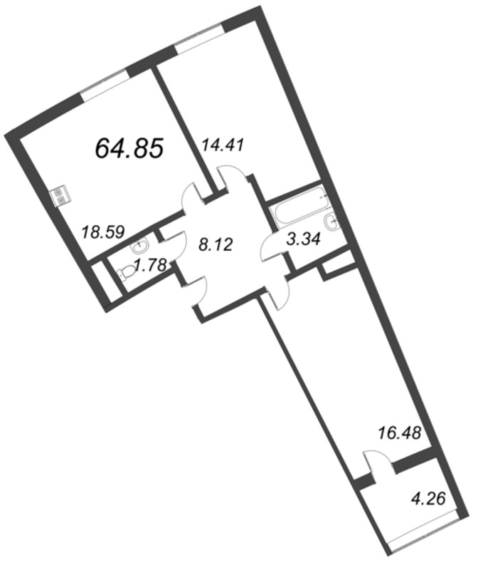 3-комнатная (Евро) квартира, 64.85 м² в ЖК "Морская набережная. SeaView" - планировка, фото №1