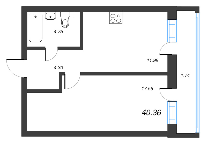 1-комнатная квартира, 40.36 м² в ЖК "Эко Квартал Гармония" - планировка, фото №1