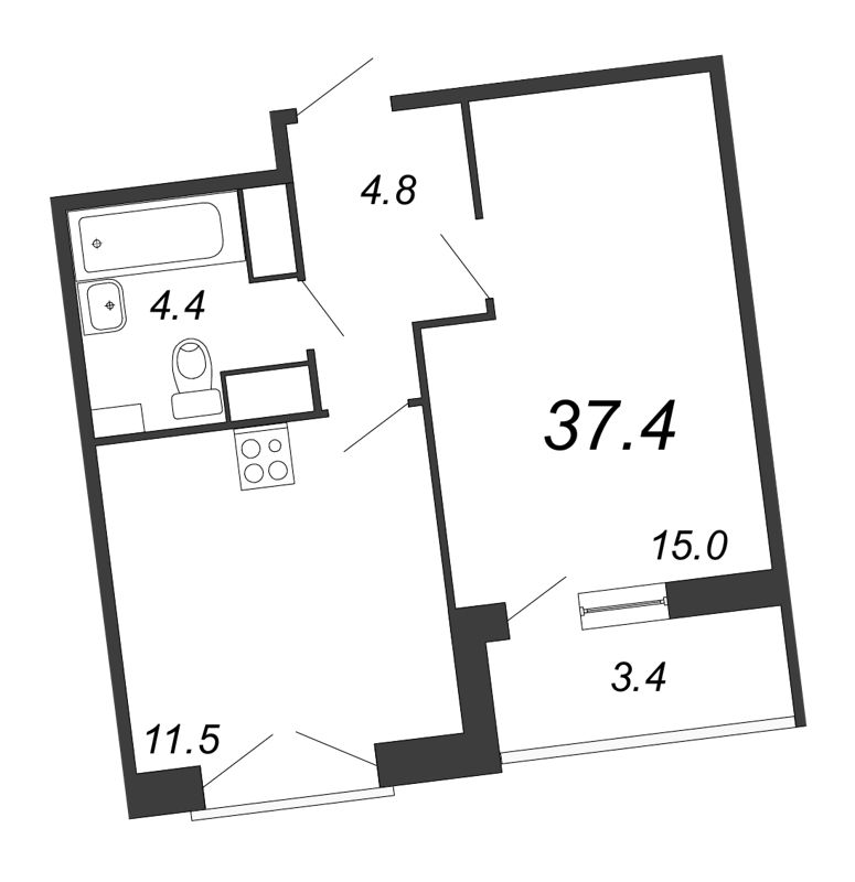 1-комнатная квартира, 37.5 м² в ЖК "Квартал Che" - планировка, фото №1