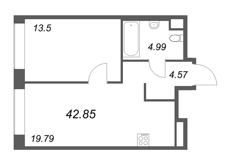 2-комнатная (Евро) квартира, 42.85 м² в ЖК "Avant" - планировка, фото №1