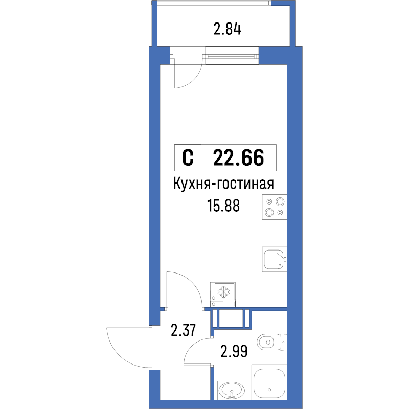 Квартира-студия, 22.66 м² в ЖК "Урбанист" - планировка, фото №1