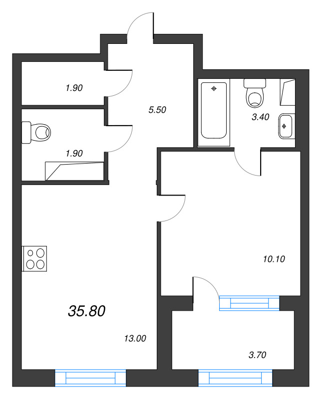 1-комнатная квартира, 35.8 м² в ЖК "Струны" - планировка, фото №1