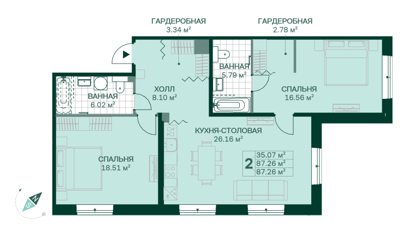 3-комнатная (Евро) квартира, 87.26 м² в ЖК "Magnifika Residence" - планировка, фото №1
