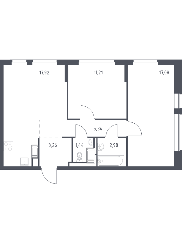 3-комнатная (Евро) квартира, 59.23 м² в ЖК "Новое Колпино" - планировка, фото №1