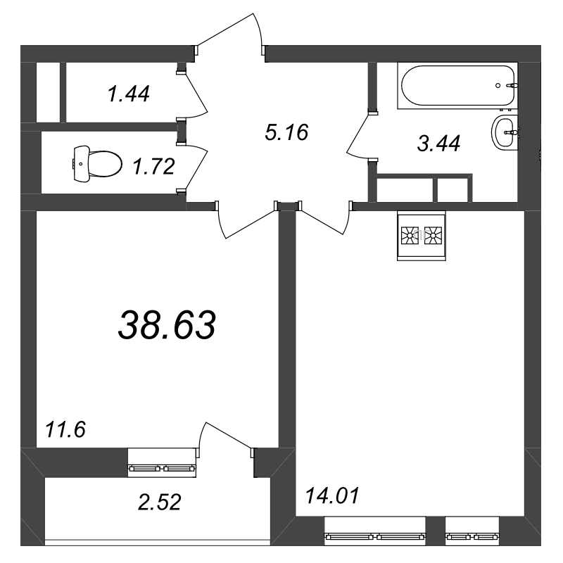 2-комнатная (Евро) квартира, 38.63 м² в ЖК "Master Place" - планировка, фото №1
