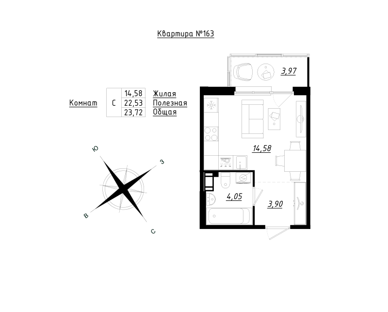 Квартира-студия, 23.72 м² в ЖК "Счастье 2.0" - планировка, фото №1