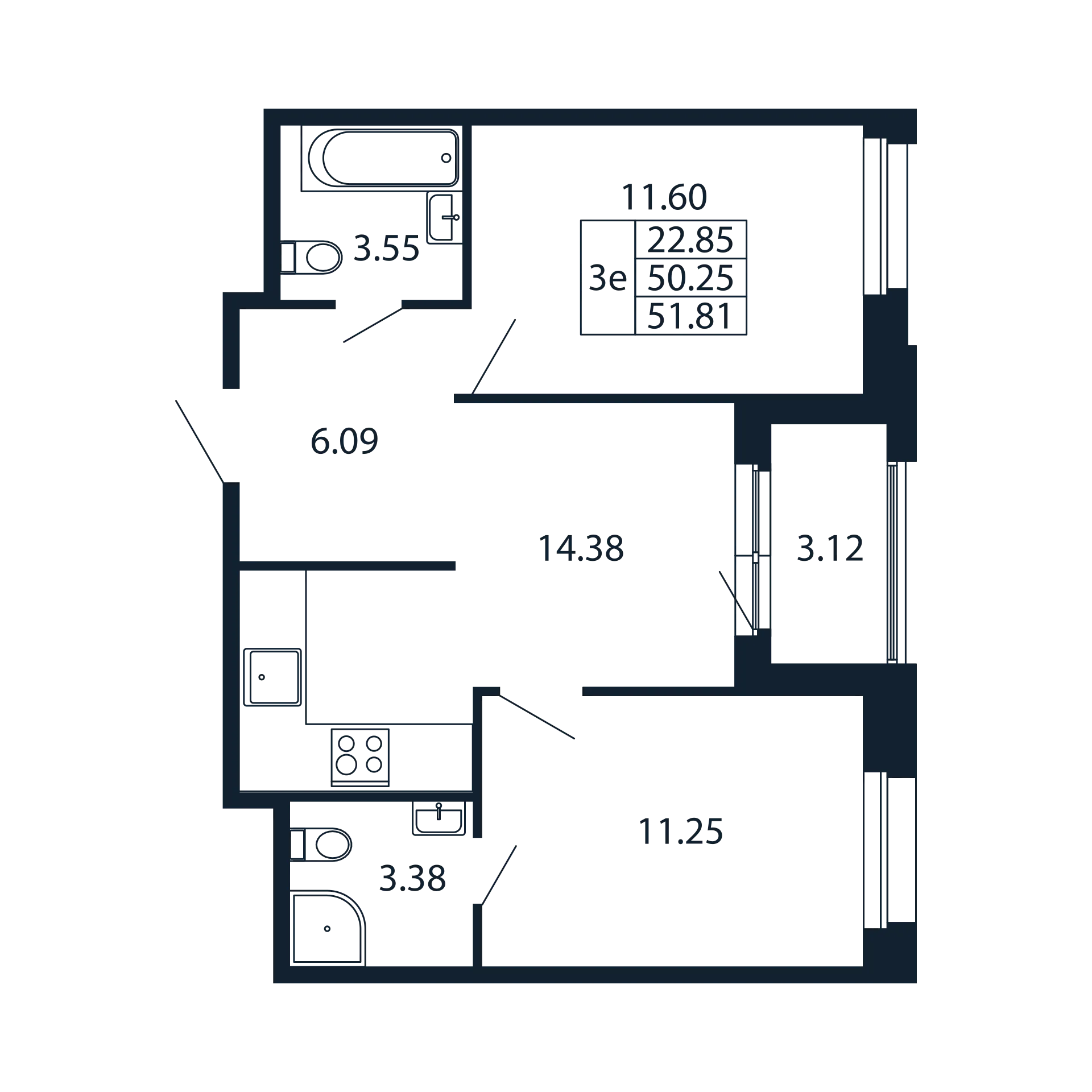 3-комнатная (Евро) квартира, 50.25 м² в ЖК "Полис Новоселье" - планировка, фото №1