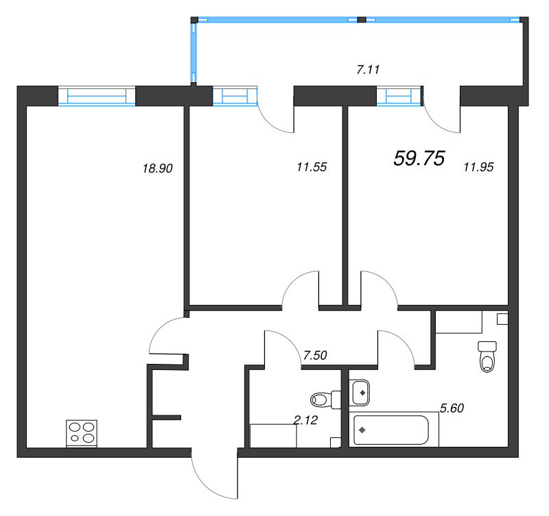 3-комнатная (Евро) квартира, 59.75 м² - планировка, фото №1