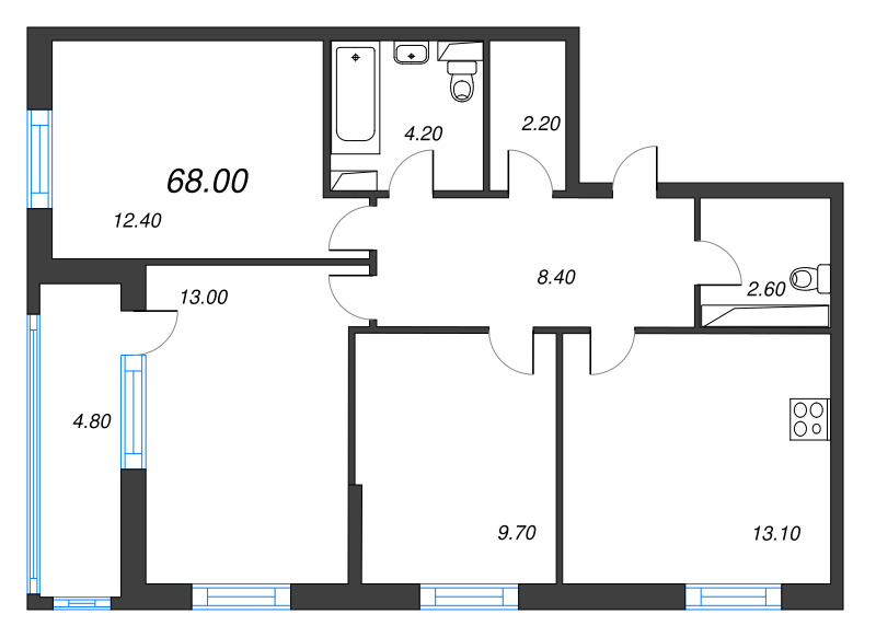 3-комнатная квартира, 68 м² в ЖК "Тайм Сквер" - планировка, фото №1