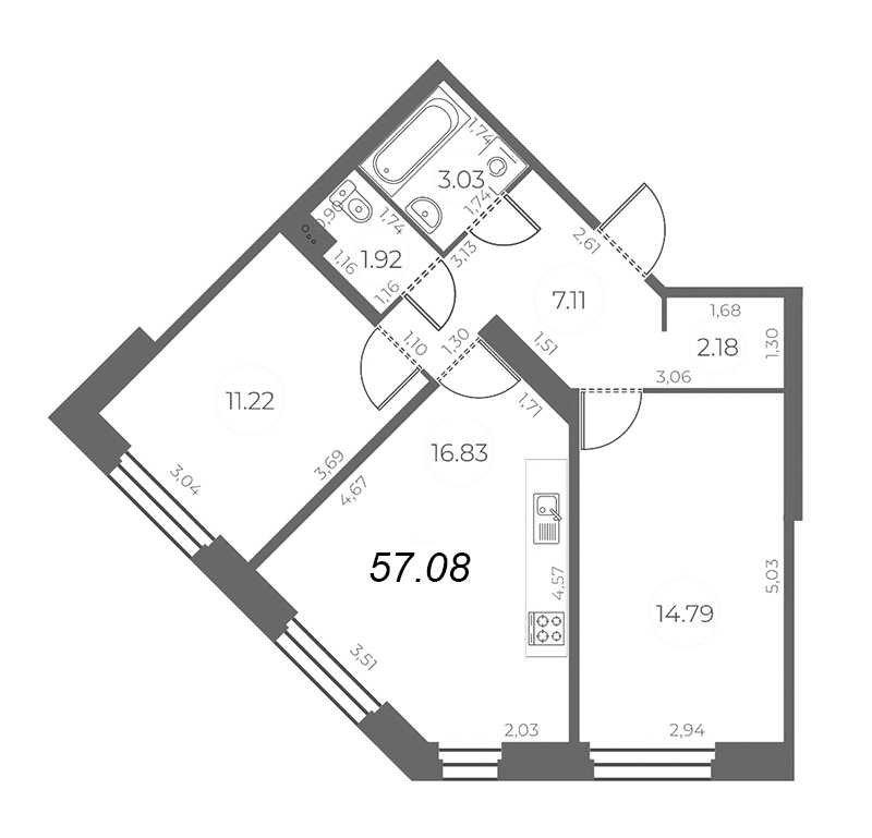 3-комнатная (Евро) квартира, 57.08 м² в ЖК "Огни Залива" - планировка, фото №1