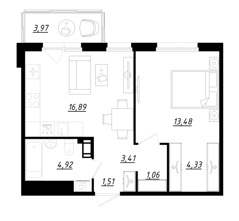 2-комнатная (Евро) квартира, 46.8 м² в ЖК "Счастье 2.0" - планировка, фото №1