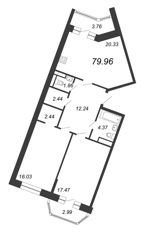 3-комнатная (Евро) квартира, 79.96 м² - планировка, фото №1