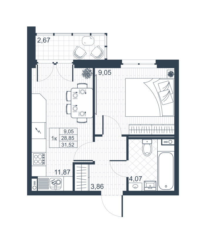 1-комнатная квартира, 30.19 м² - планировка, фото №1