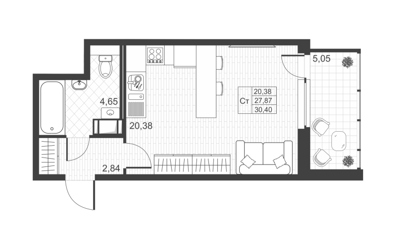 Квартира-студия, 30.4 м² - планировка, фото №1