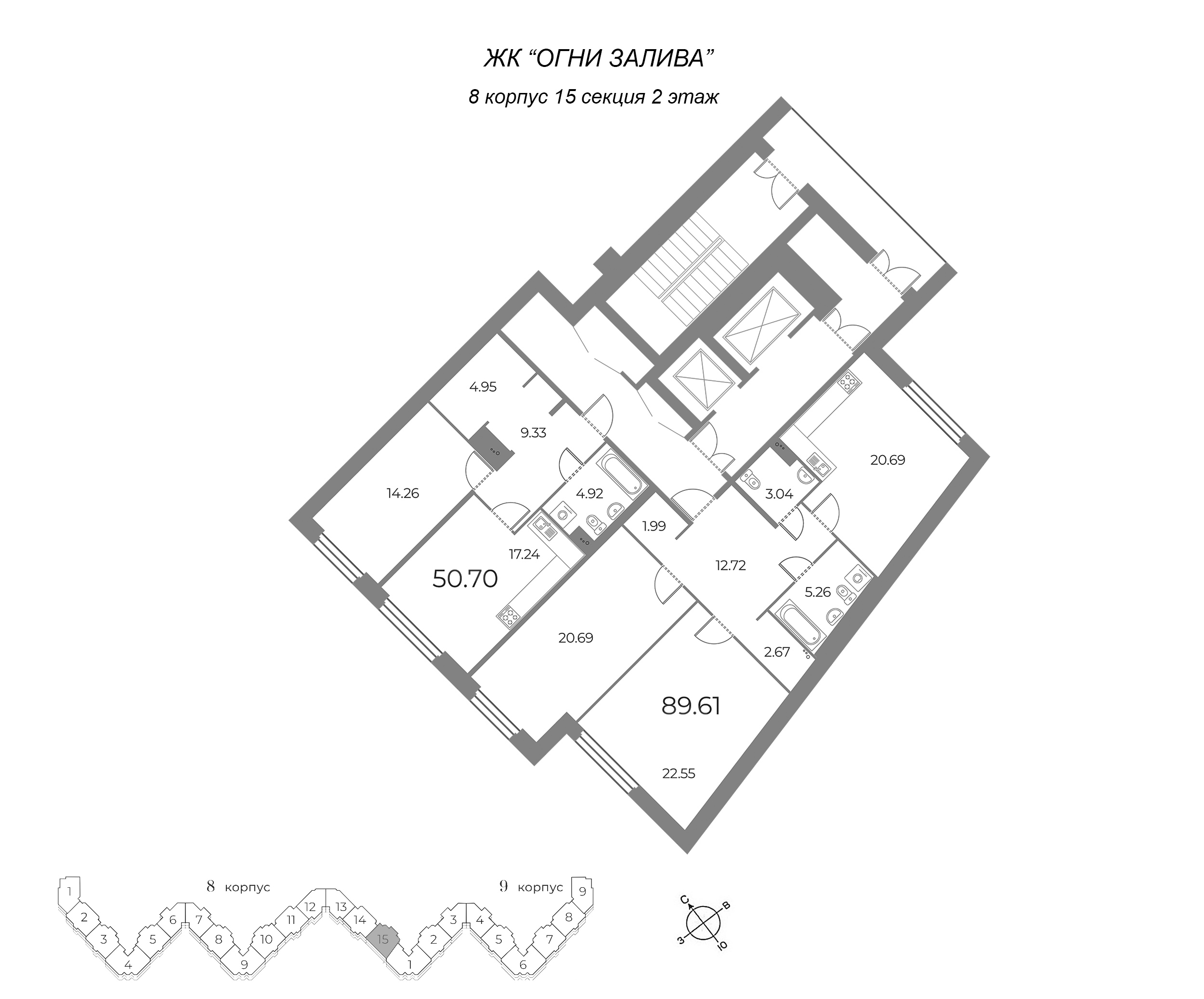 2-комнатная (Евро) квартира, 50.7 м² в ЖК "Огни Залива" - планировка этажа