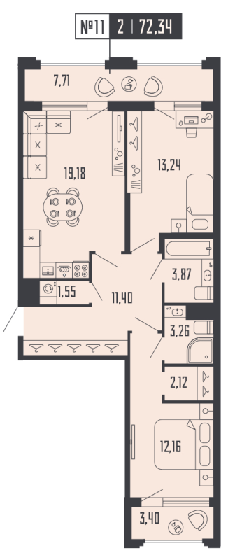 3-комнатная (Евро) квартира, 72.34 м² в ЖК "Shepilevskiy" - планировка, фото №1
