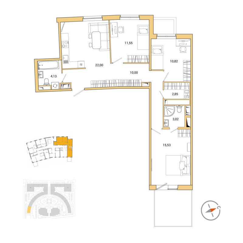 4-комнатная (Евро) квартира, 79.9 м² в ЖК "OKLA" - планировка, фото №1