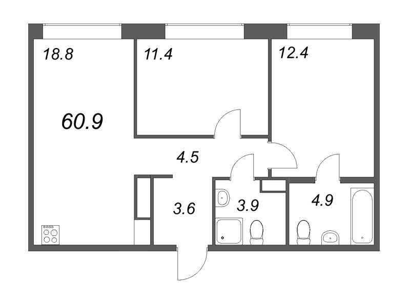 3-комнатная (Евро) квартира, 60.9 м² в ЖК "Куинджи" - планировка, фото №1