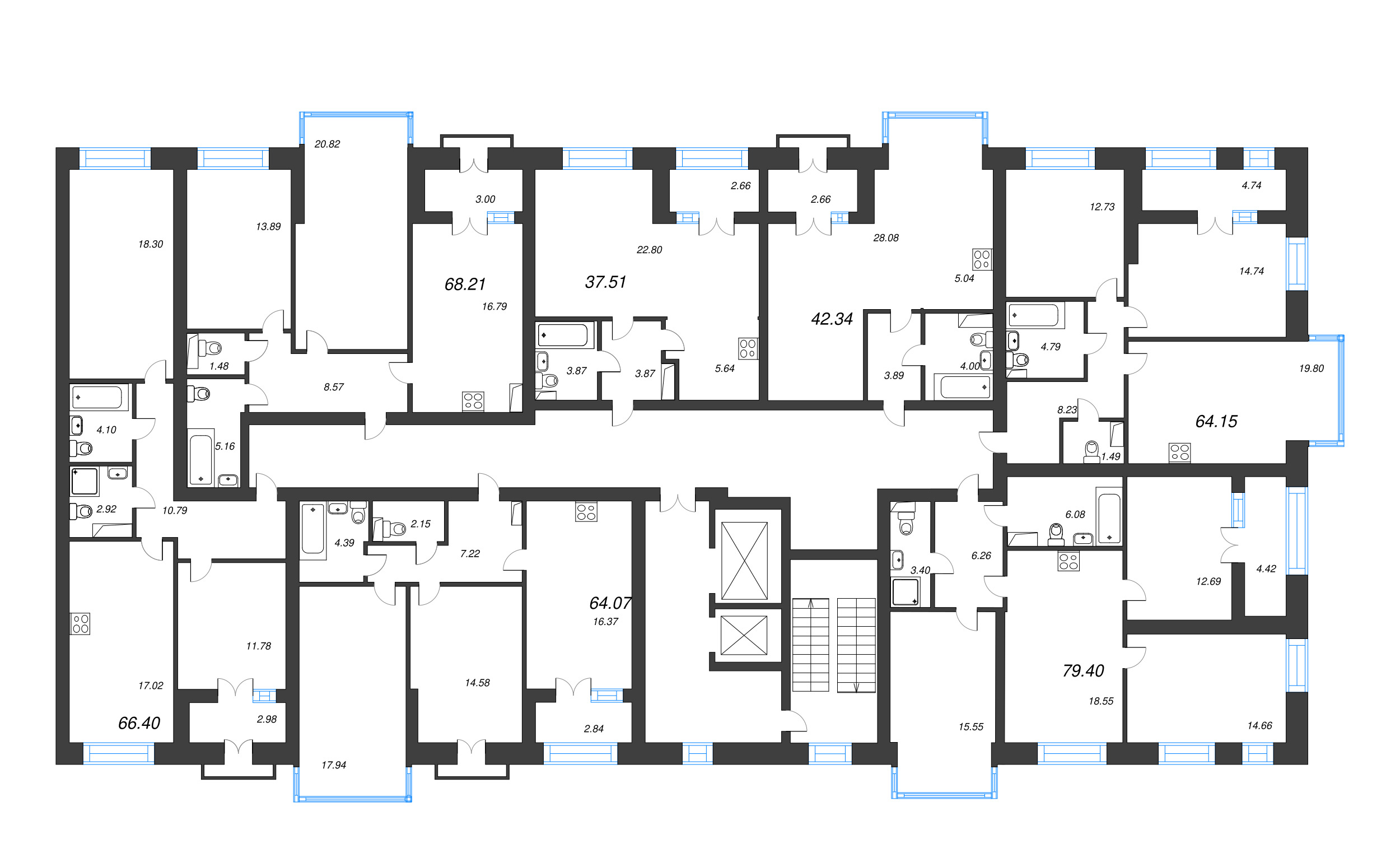 2-комнатная квартира, 66.4 м² в ЖК "Наука" - планировка этажа
