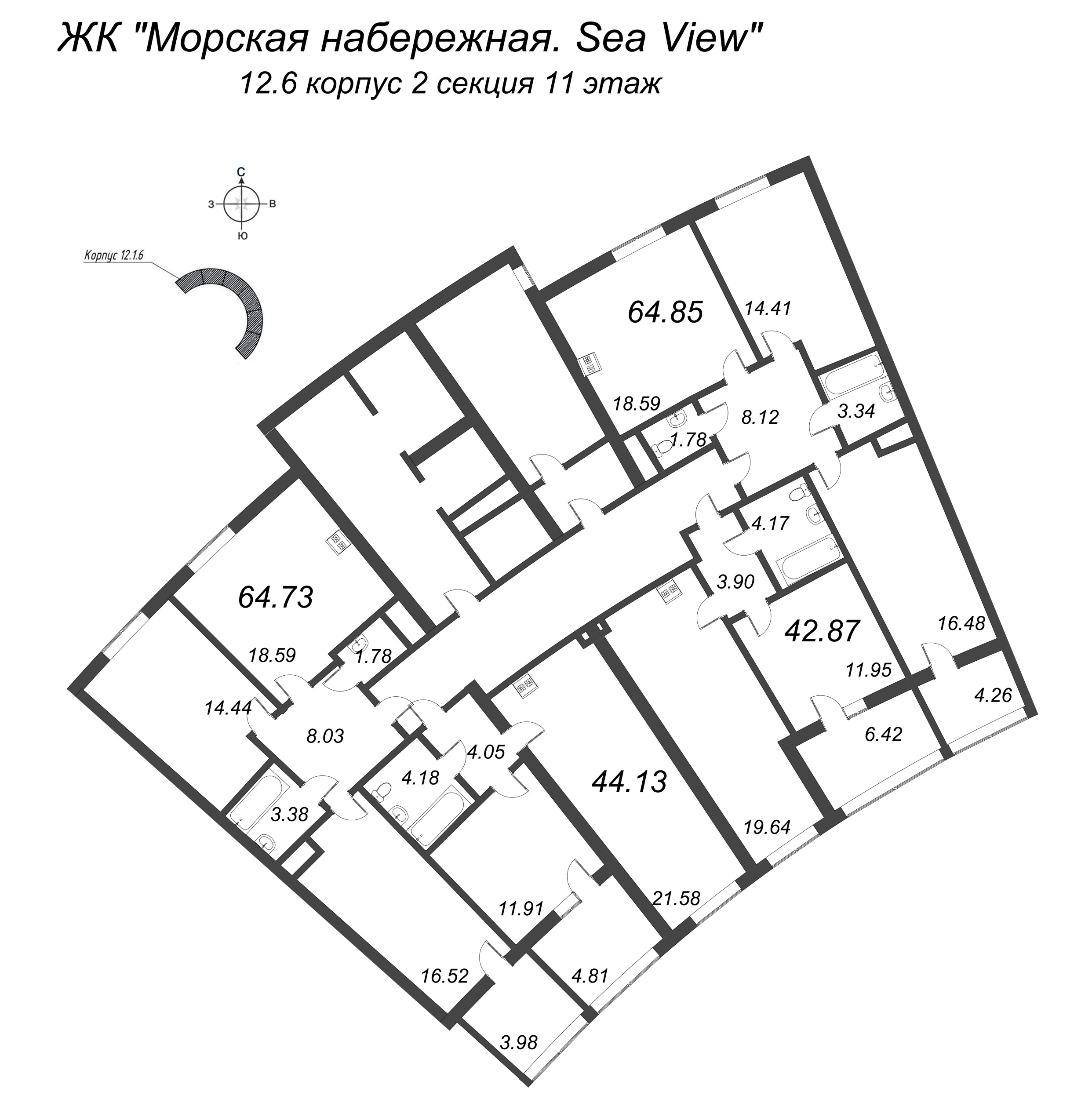 3-комнатная (Евро) квартира, 64.85 м² в ЖК "Морская набережная. SeaView" - планировка этажа