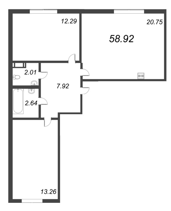 3-комнатная (Евро) квартира, 58.92 м² в ЖК "Новые горизонты" - планировка, фото №1