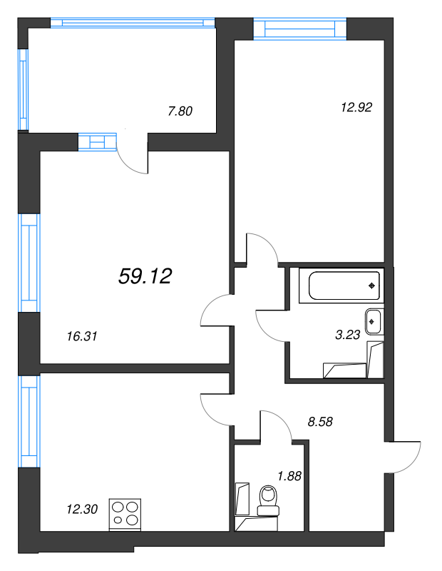 2-комнатная квартира, 59.12 м² в ЖК "Cube" - планировка, фото №1
