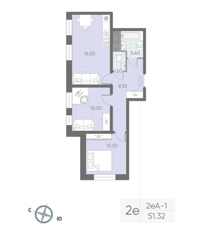 3-комнатная (Евро) квартира, 51.32 м² в ЖК "Ручьи" - планировка, фото №1