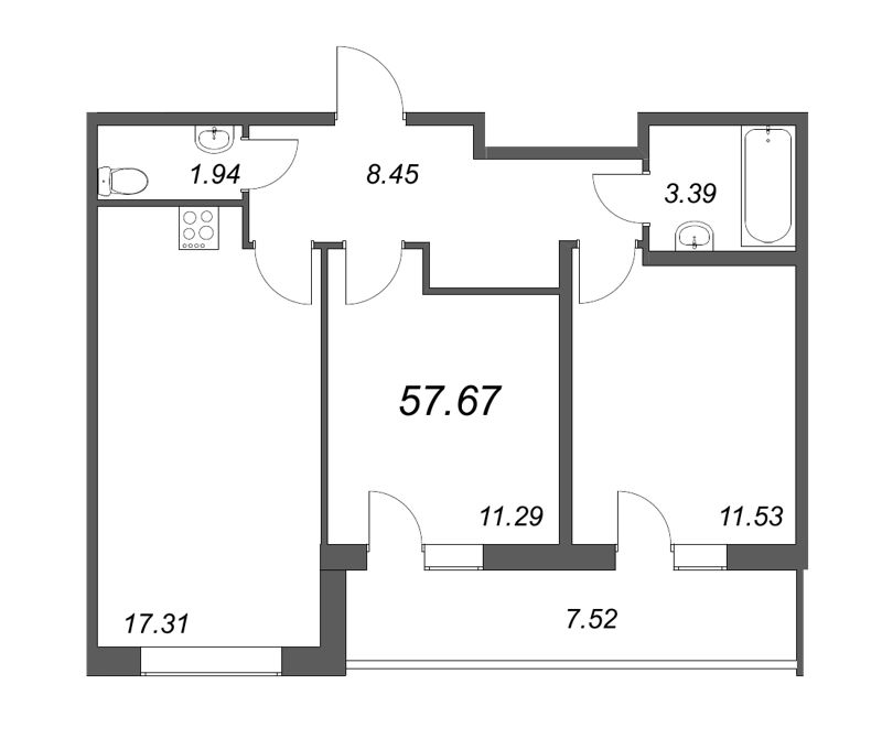 3-комнатная (Евро) квартира, 56.1 м² в ЖК "Аквилон Zalive" - планировка, фото №1