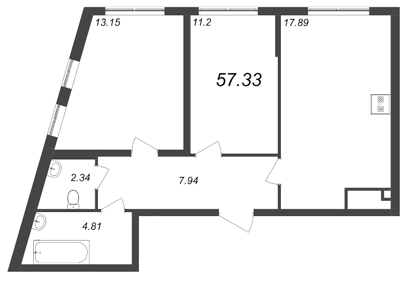3-комнатная (Евро) квартира, 57.33 м² - планировка, фото №1