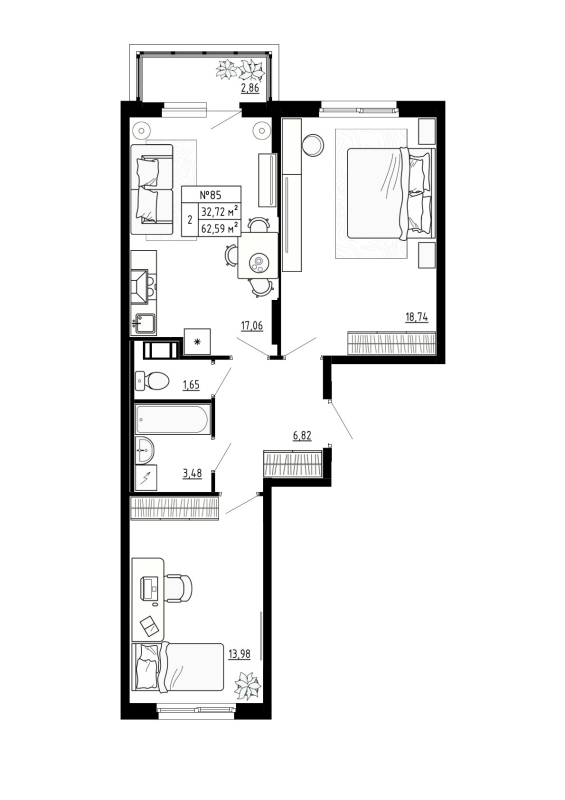 3-комнатная (Евро) квартира, 62.59 м² - планировка, фото №1