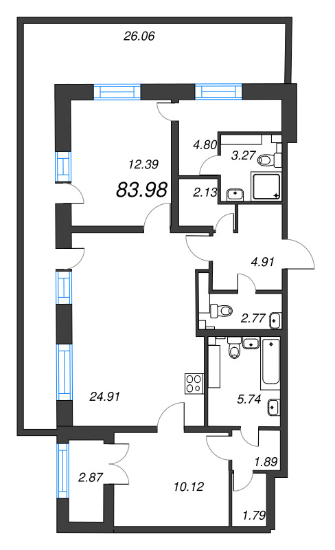 3-комнатная (Евро) квартира, 83.98 м² в ЖК "БелАрт" - планировка, фото №1