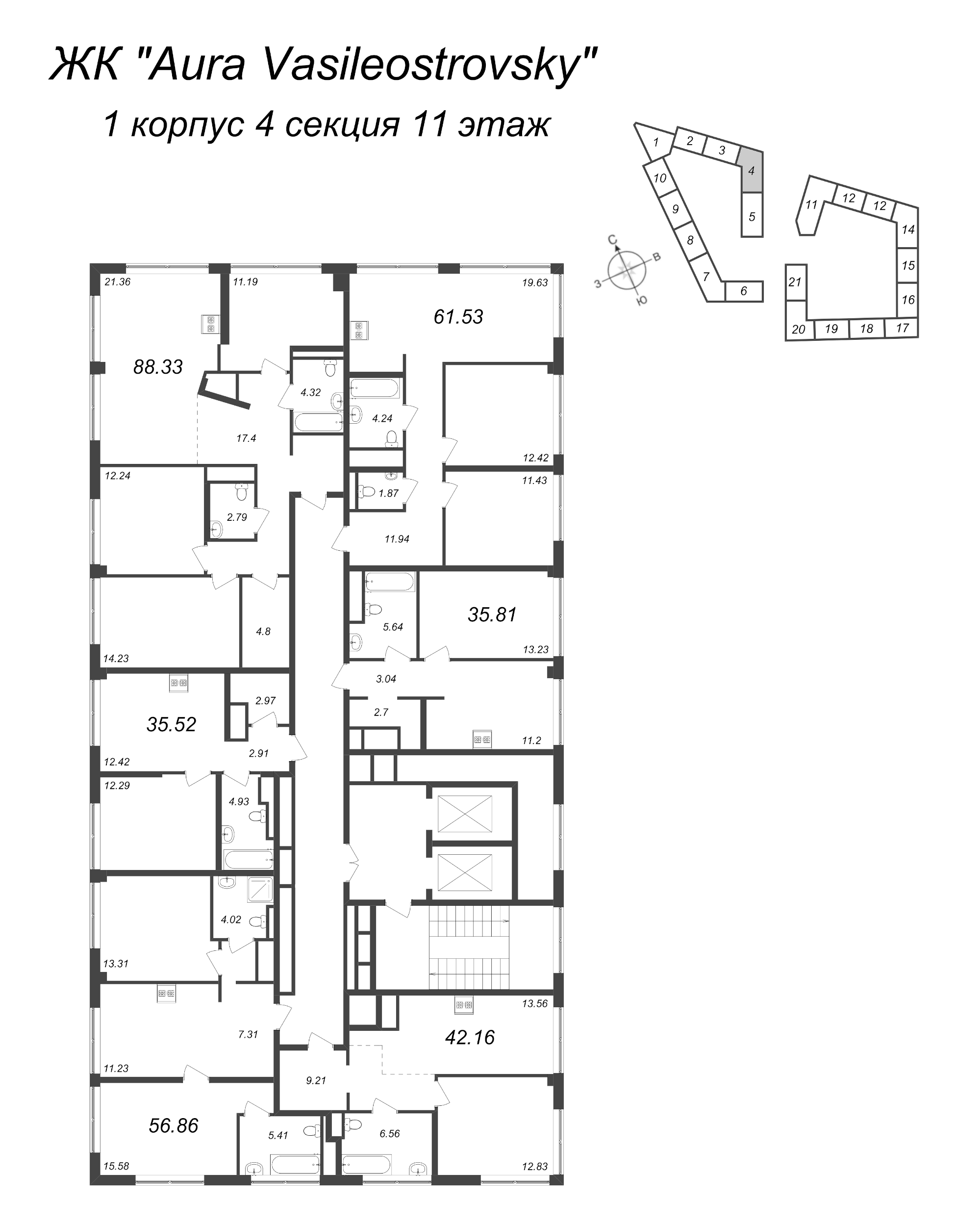 1-комнатная квартира, 35.81 м² в ЖК "GloraX Premium Василеостровский" - планировка этажа