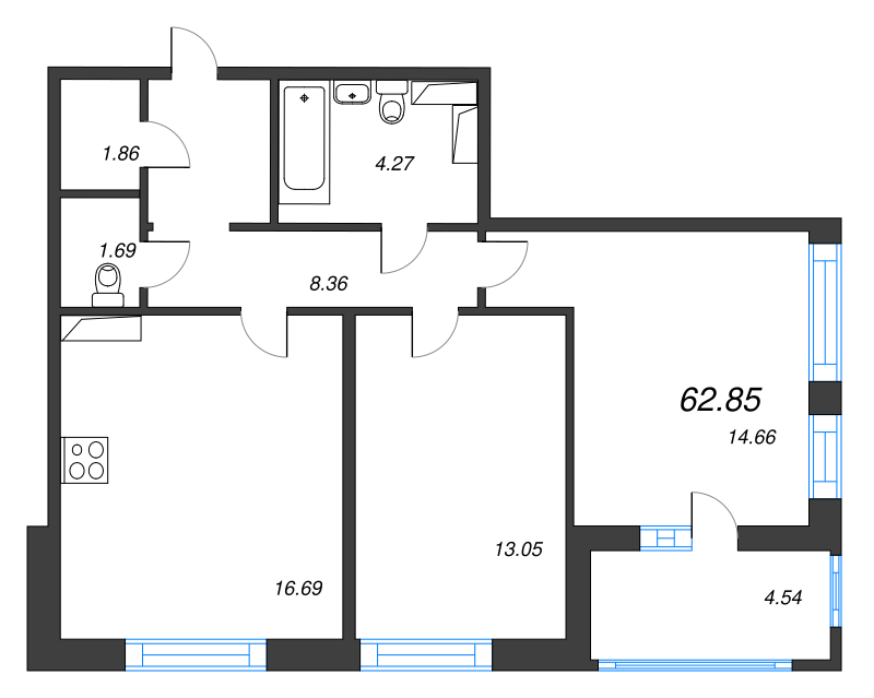 3-комнатная (Евро) квартира, 62.85 м² в ЖК "Cube" - планировка, фото №1