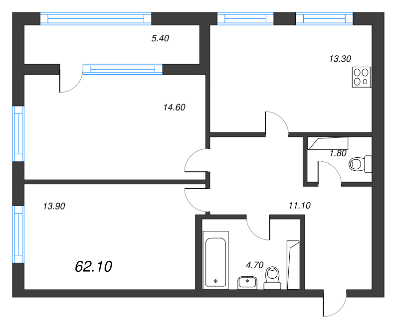 2-комнатная квартира, 62.1 м² в ЖК "Тайм Сквер" - планировка, фото №1