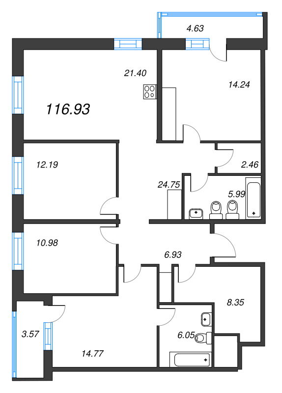 4-комнатная квартира, 116.93 м² в ЖК "OKLA" - планировка, фото №1