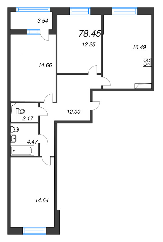 4-комнатная (Евро) квартира, 78.45 м² в ЖК "Аквилон Leaves" - планировка, фото №1