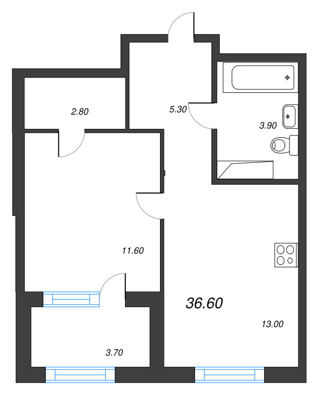 1-комнатная квартира, 36.6 м² в ЖК "Струны" - планировка, фото №1