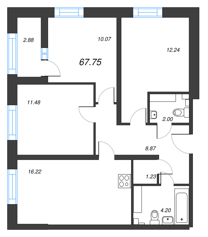 4-комнатная (Евро) квартира, 67.75 м² в ЖК "БелАрт" - планировка, фото №1