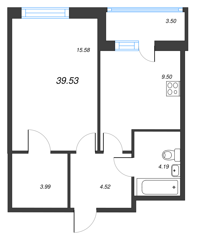 1-комнатная квартира, 39.53 м² в ЖК "ID Murino II" - планировка, фото №1