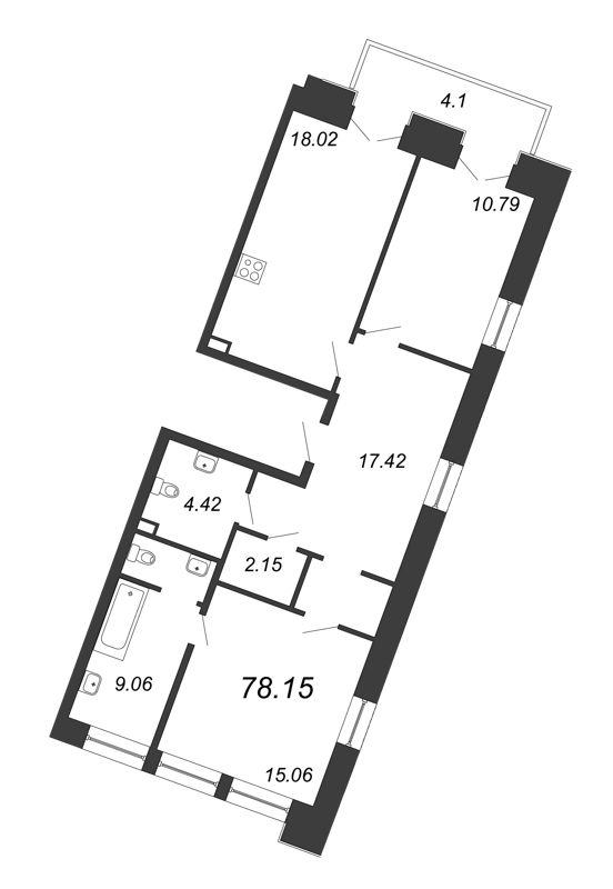 3-комнатная (Евро) квартира, 78.15 м² - планировка, фото №1
