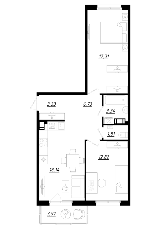 3-комнатная (Евро) квартира, 64.6 м² в ЖК "Счастье 2.0" - планировка, фото №1