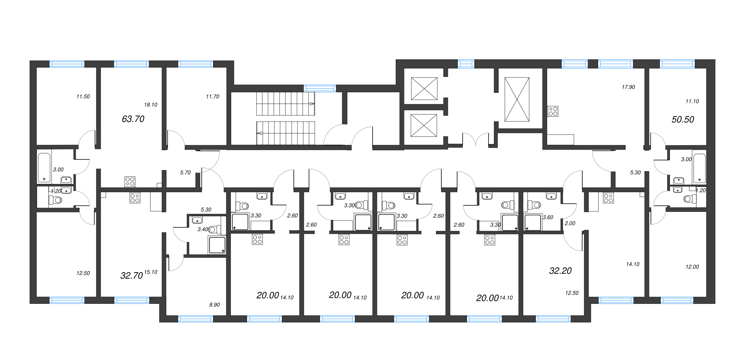 3-комнатная квартира, 63.7 м² - планировка этажа