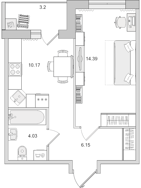 1-комнатная квартира, 34.74 м² в ЖК "Parkolovo" - планировка, фото №1