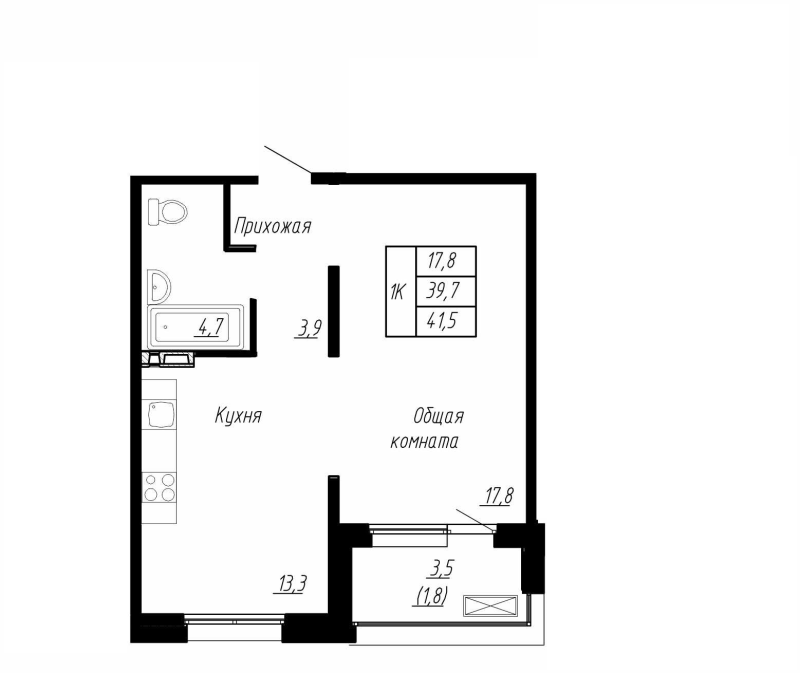 1-комнатная квартира, 41.5 м² в ЖК "Сибирь" - планировка, фото №1